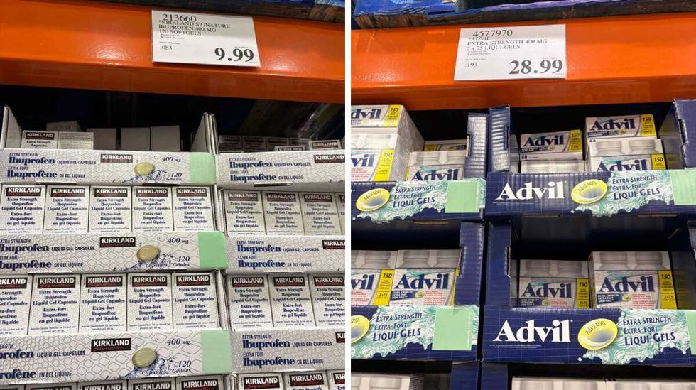 packs of \u200bKirkland Signature 400-milligram extra-strength ibuprofen. Right: packs of Advil 400-milligram extra-strength Liqui-Gels at Costco