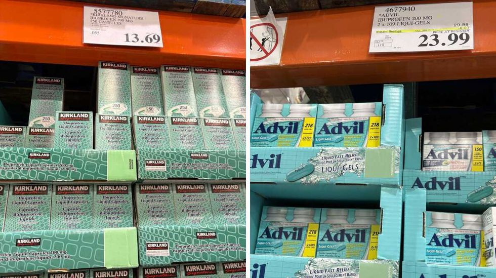 packs of \u200bKirkland Signature liquid gel 200-milligram ibuprofen. Right: packs of Advil 200-milligram Liqui-Gels at Costco