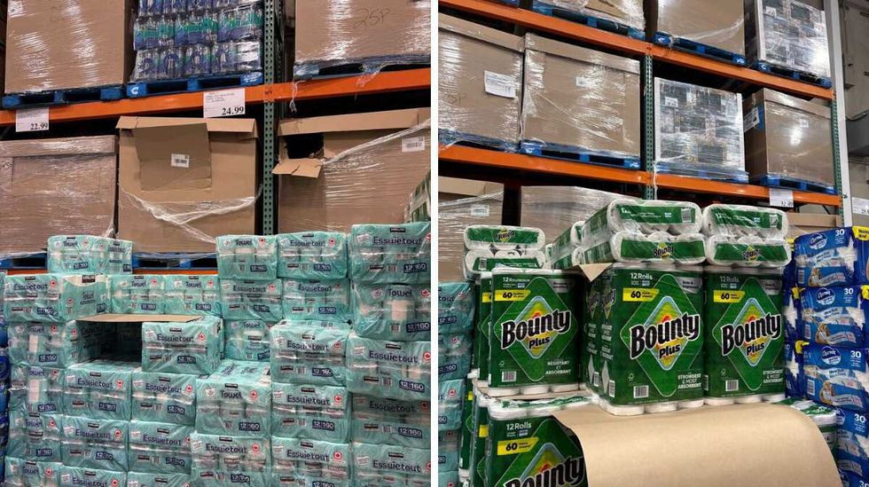 packs of \u200bKirkland Signature paper towels. Right: packs of Bounty paper towels at Costco.