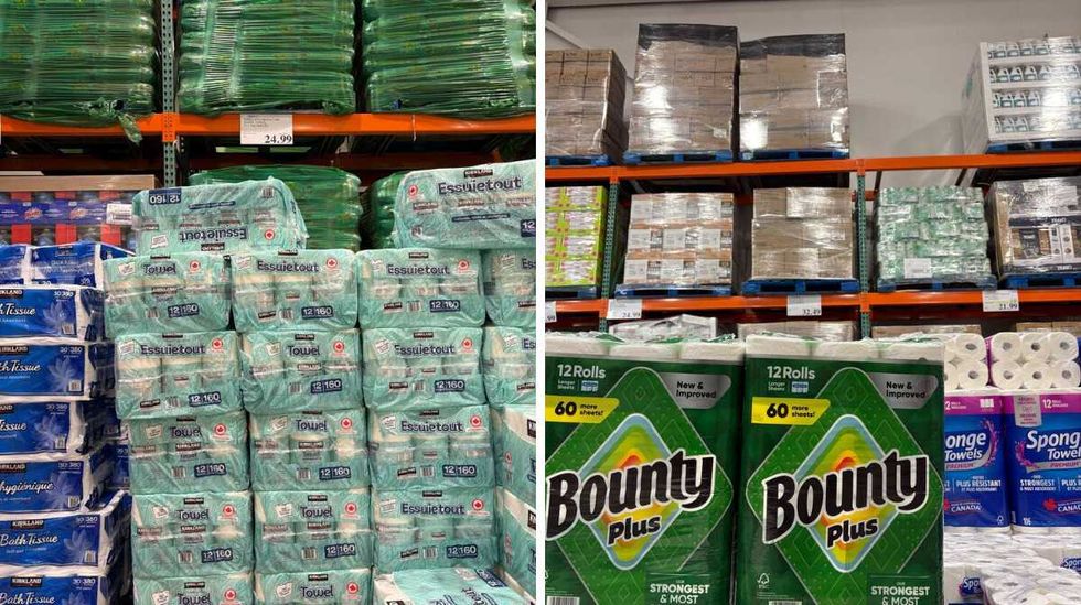 packs of \u200bKirkland Signature paper towels. Right: packs of Bounty paper towels.