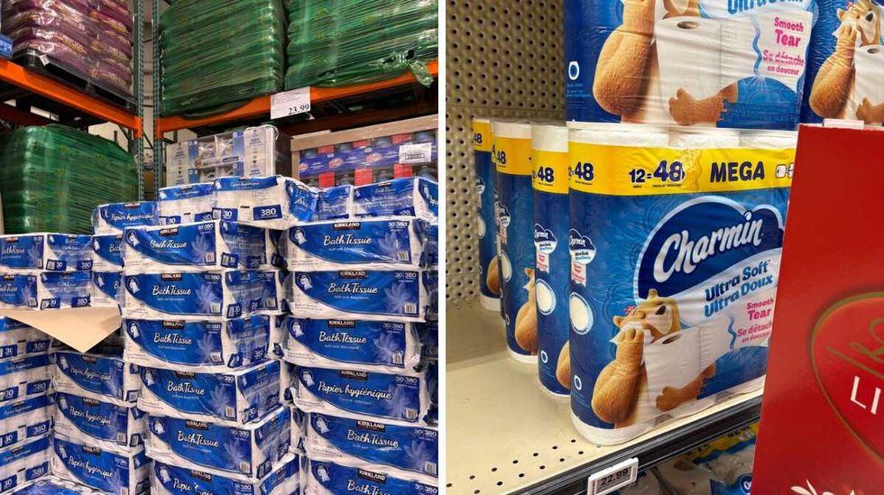 packs of \u200bKirkland Signature toilet paper at Costco. Right: packs of Charmin toilet paper at Loblaws