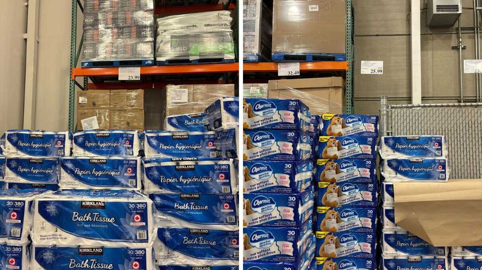 packs of \u200bKirkland Signature toilet paper. Right: packs of Charmin toilet paper at Costco.