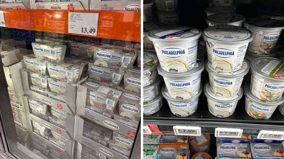 packs of \u200bPhiladelphia cream cheese at Costco. Right: tubs of Philadelphia cream cheese at Loblaws
