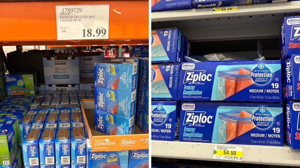packs of Ziploc freezer bags at Costco. Right: packs of Ziploc freezer bags at Dollarama