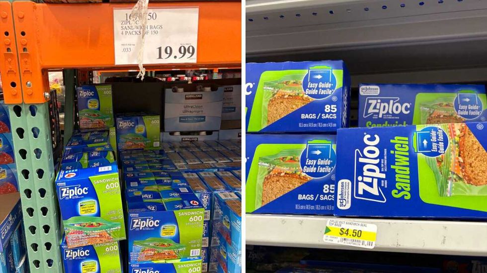 packs of Ziploc sandwich bags at Costco. Right: packs of Ziploc sandwich bags at Dollarama