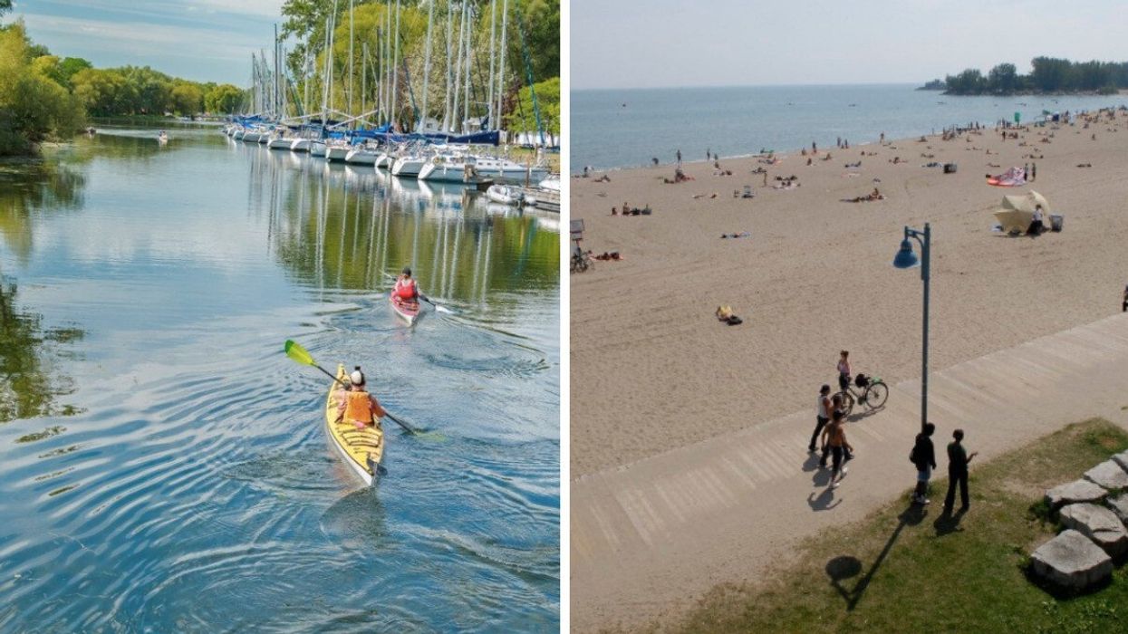 Paddle boarding in Toronto. Right: Beach in Toronto.