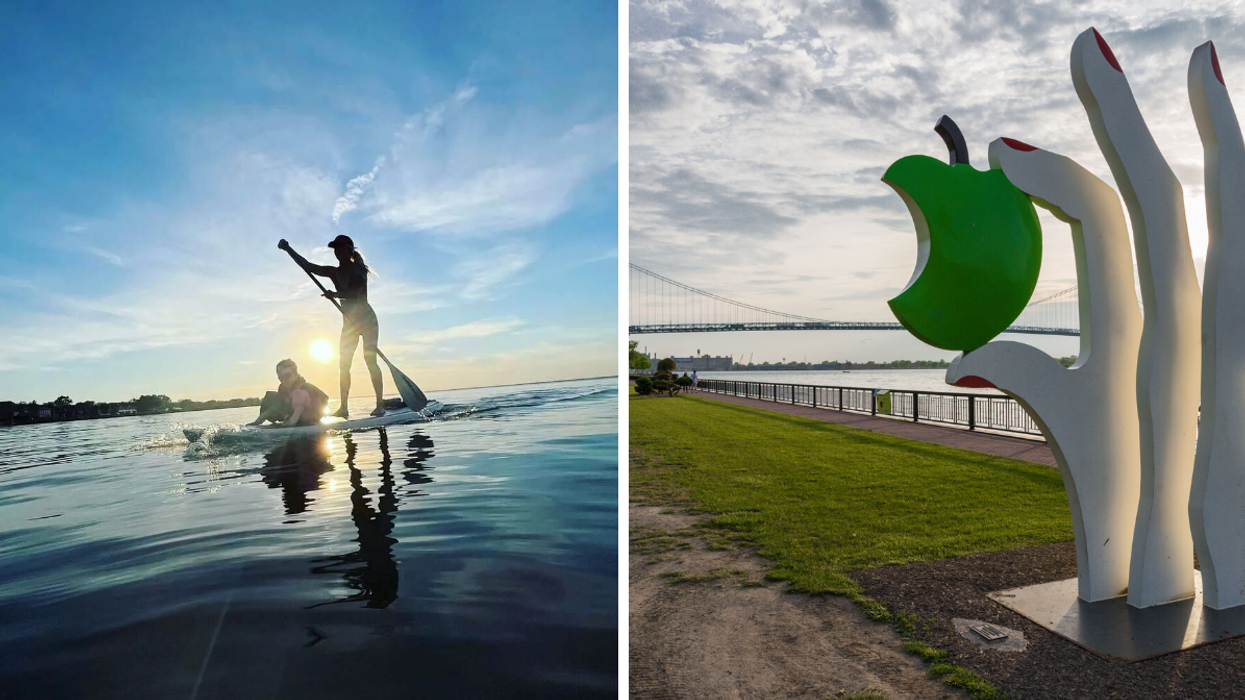 Paddle boarding in Windsor Essex. Right: The sculpture garden on the Windsor waterfront.