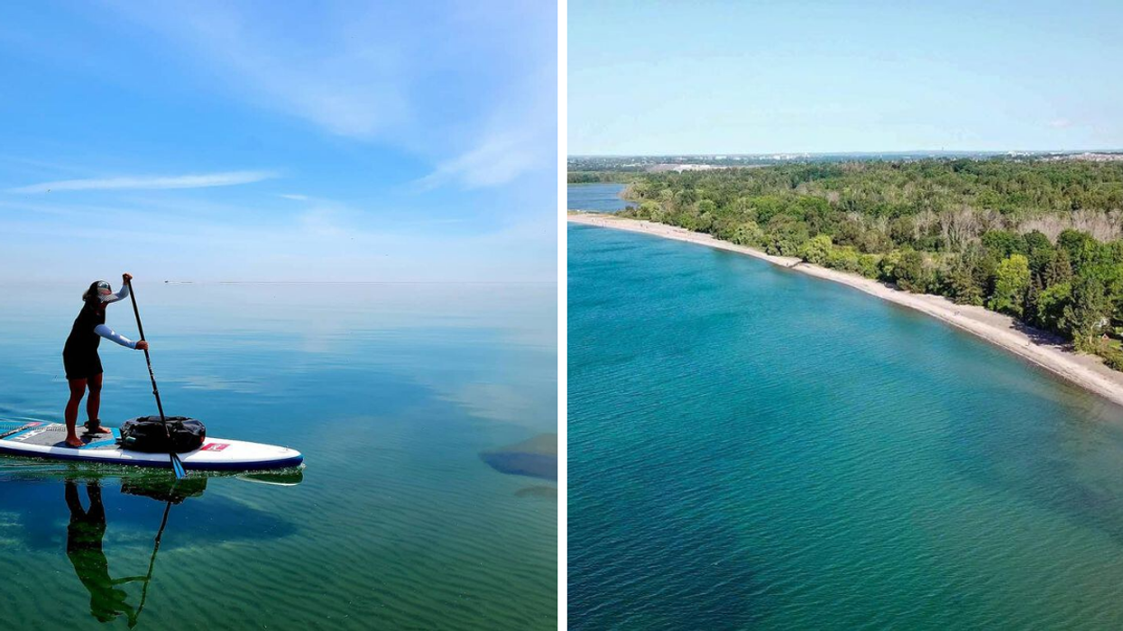 Paddle boarding on turquoise blue waters. Right: Sandy shore of Darlington Provincial Park on Lake Ontario.