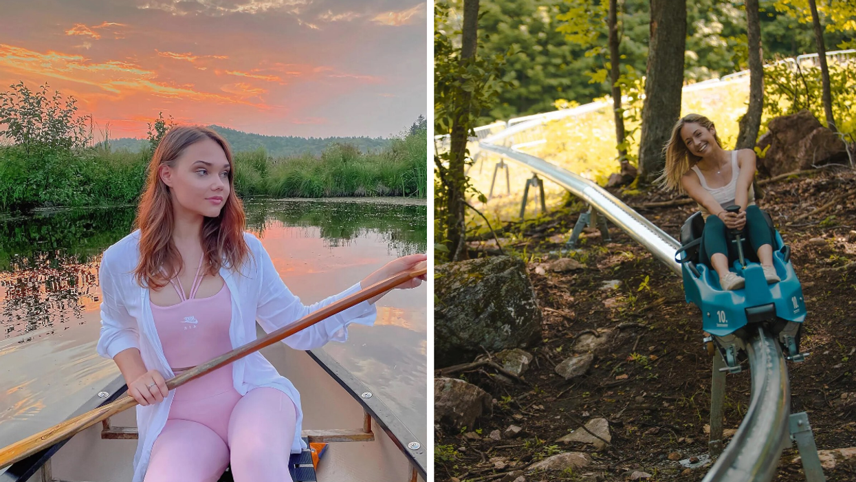 Paddling through a water maze during sunset. Right: Mountain coaster ride at Camp Fortune.