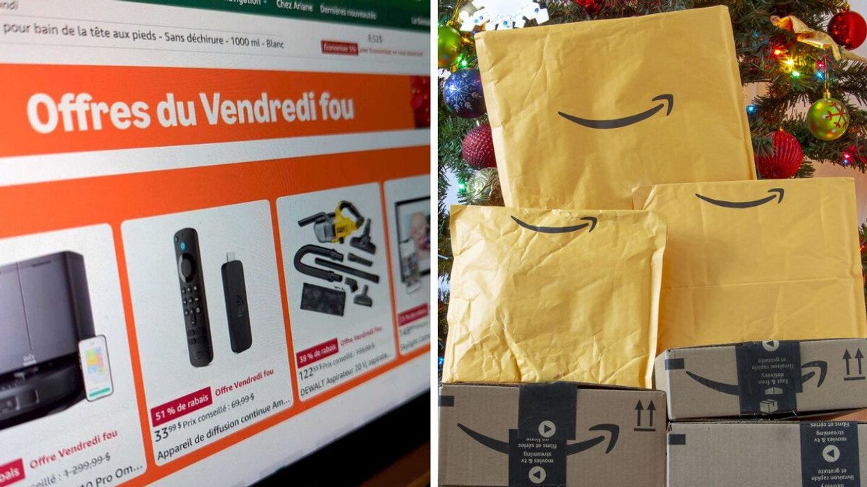 Page Web d'Amazon Canada. Droite : Paquets et boîtes d'Amazon.