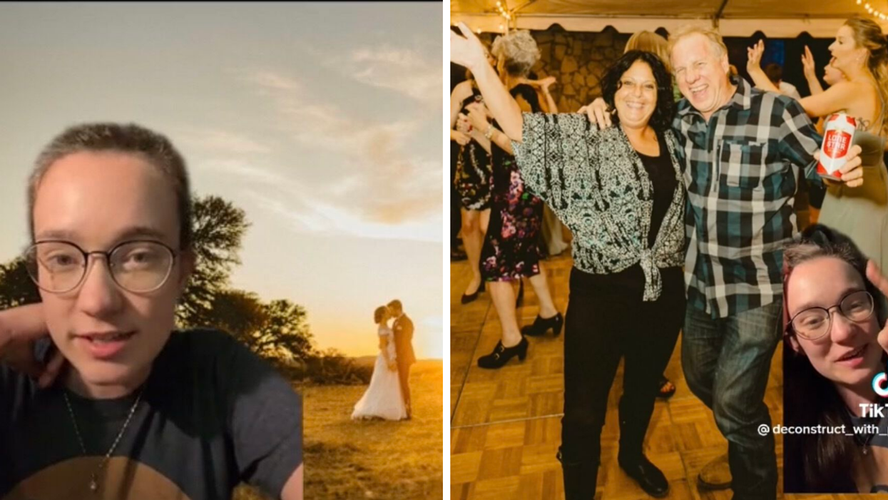 Paige in her viral TikTok. Right: Paige showing a picture of the wedding crashers in her TikTok.