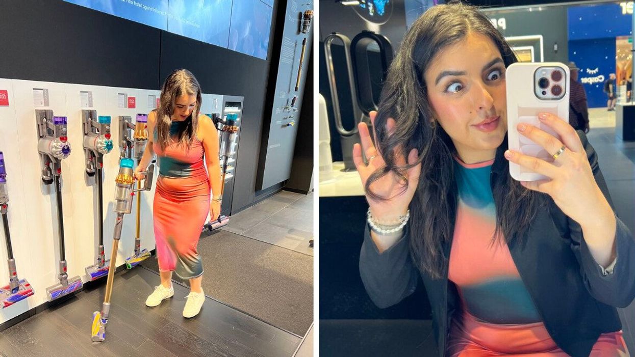 Paige McPhee looks at the floor while holding a Dyson cordless vacuum. Right: Paige McPhee takes a selfie in a mirror while holding a curl in her hand.