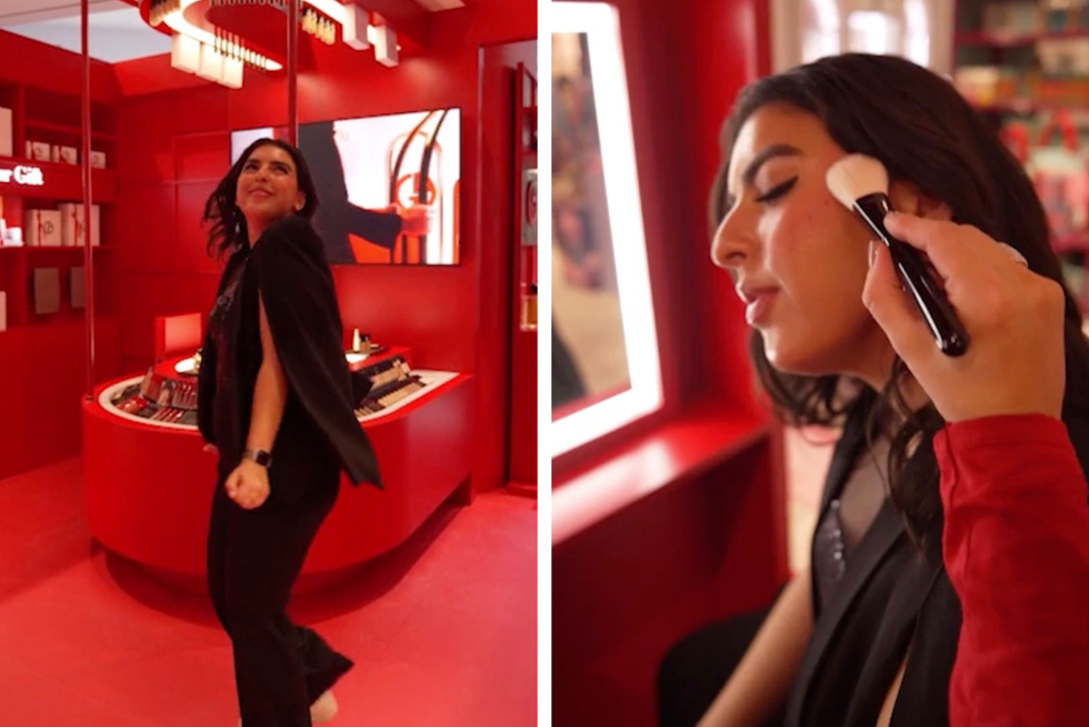 Paige McPhee smiles and spins in the Armani Gift House pop-up. Right: The hand of an Armani expert applies blush to Paige McPhee's check with a makeup brush.