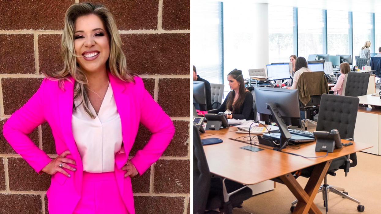 Paige Sparks in a pink suit. Right: Employees working in an office.