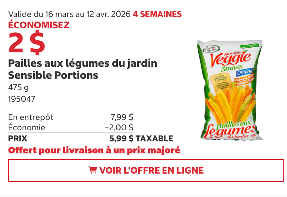 Pailles aux l\u00e9gumes du jardin Sensible Portions en rabais au Costco.