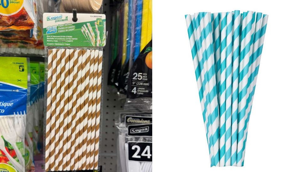 Pailles ray\u00e9es en papier au Dollarama. Droite : Pailles en papier en sp\u00e9cial sur le site de Canadian Tire.
