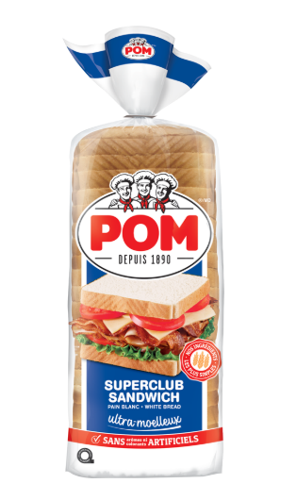 Pain \u00e0 sandwich Superclub blanc ultra-moelleux de la marque POM.