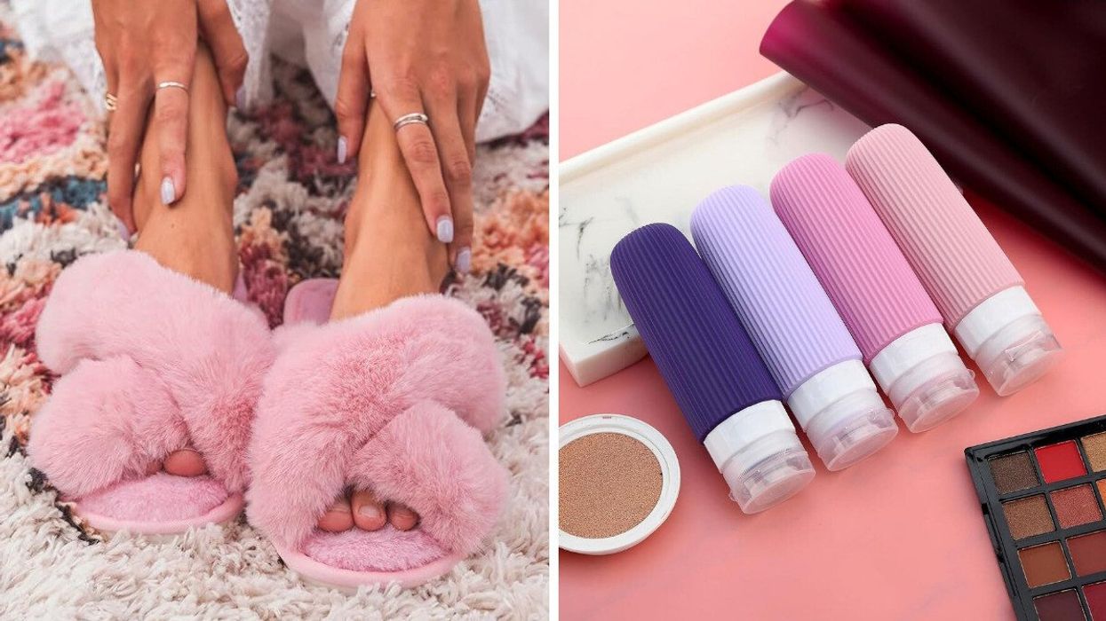 Pair of pink slippers. Right: Purple travel bottles.