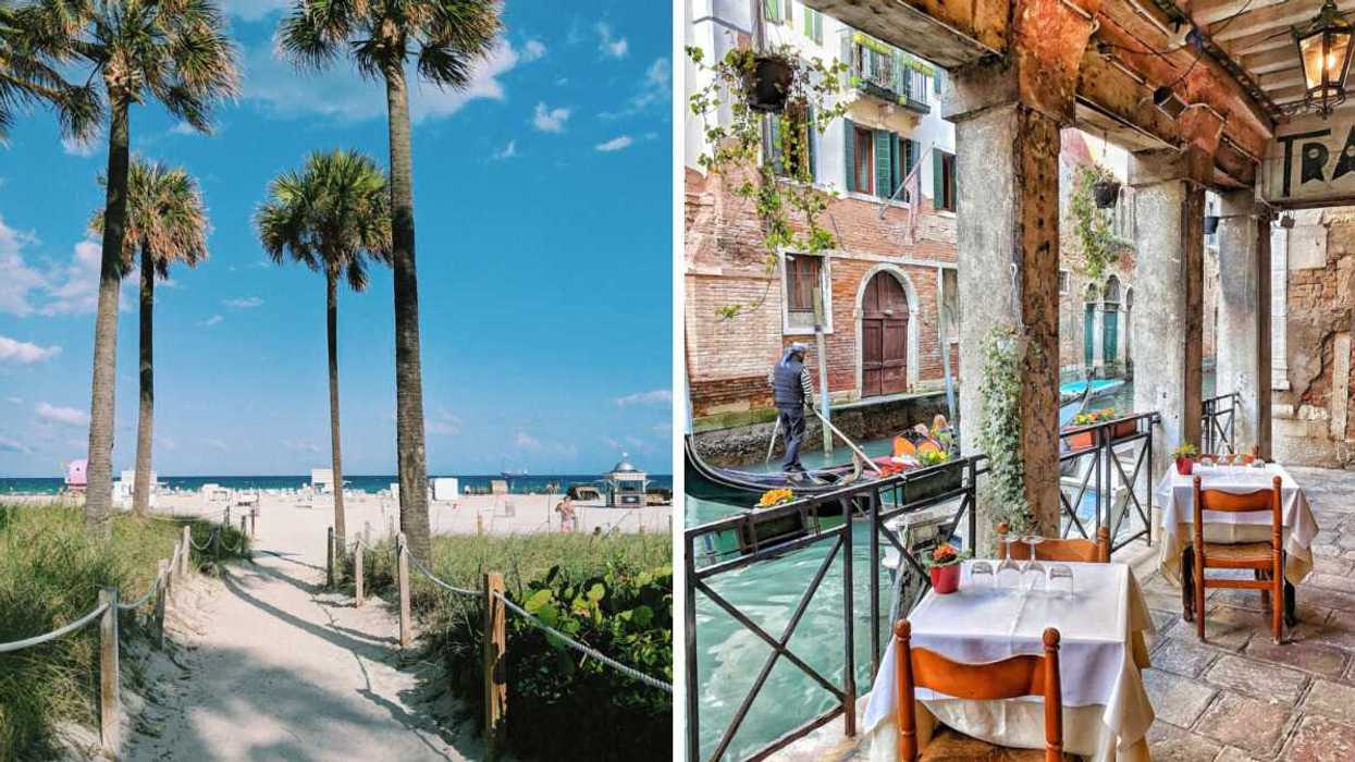 Palm trees frame a white sand beach with turquoise water. Right: A gondolier navigates a Venice canal past a waterside restaurant with white-clothed tables.
