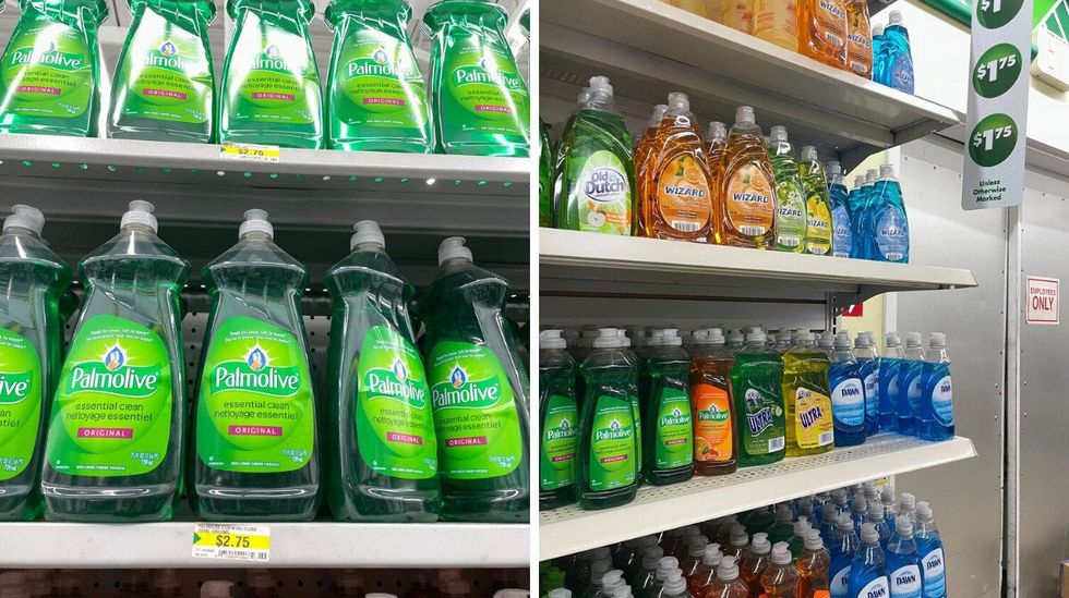 palmolive soap bottles on shelves at dollarma. right: palmolive soap on shelves with other soap at dollar tree