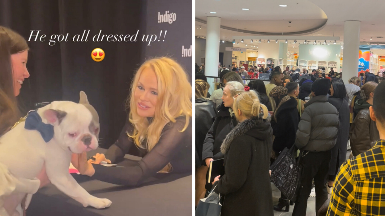 Pamela Anderson greeting a dog at her Toronto book signing. Right: Fans lined up to meet Pamela Anderson.