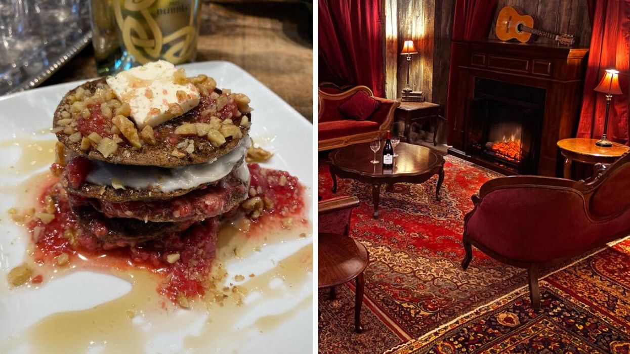 Pancakes with berries and nut toppings. Right: Speakeasy at Karlo Estates.