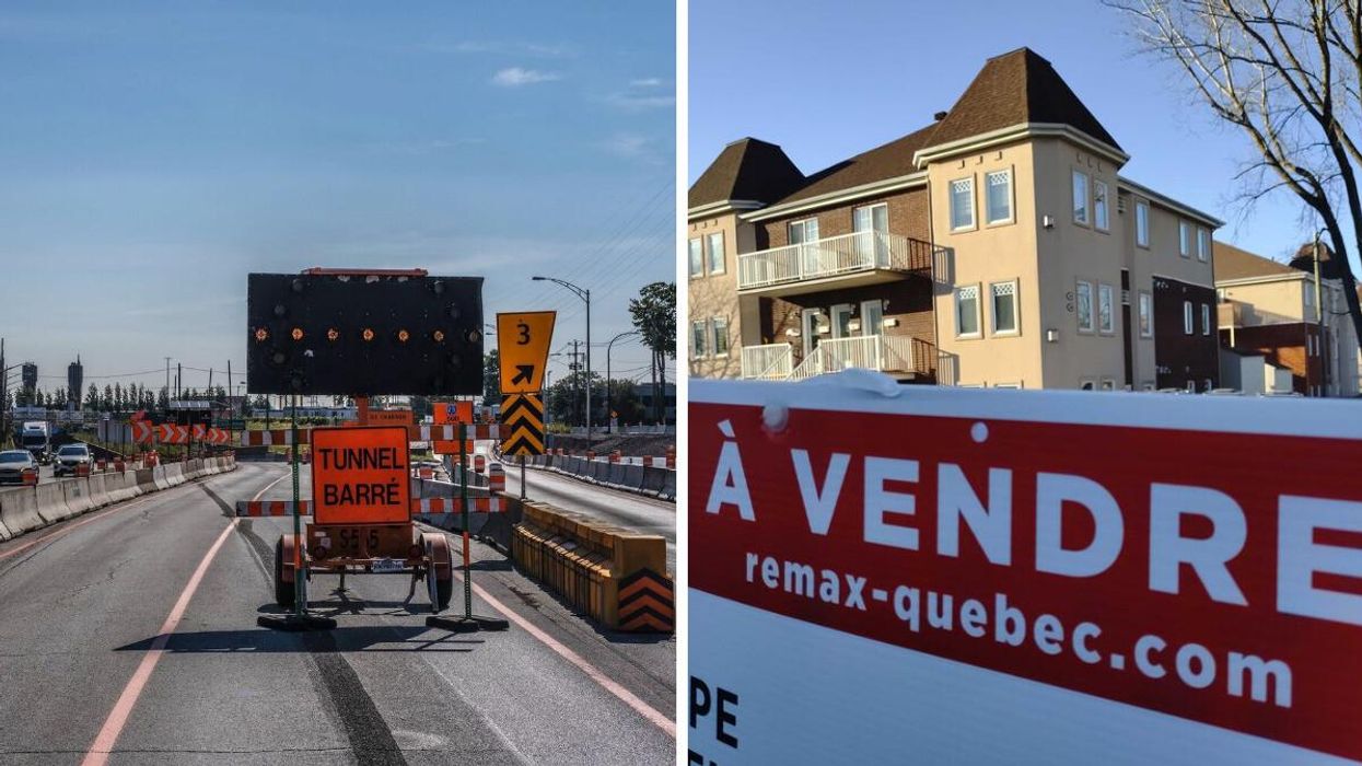 Pancarte du tunnel barré à Montréal. Droite : Affiche à vendre.
