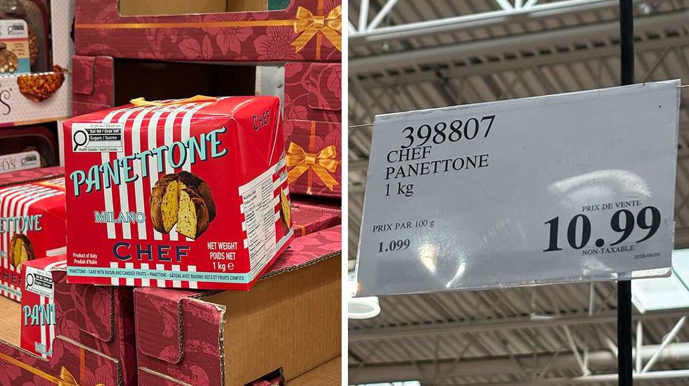 Panettone en vente chez Costco. Droite : affiche Costco pour le Panettone de marque Chef.