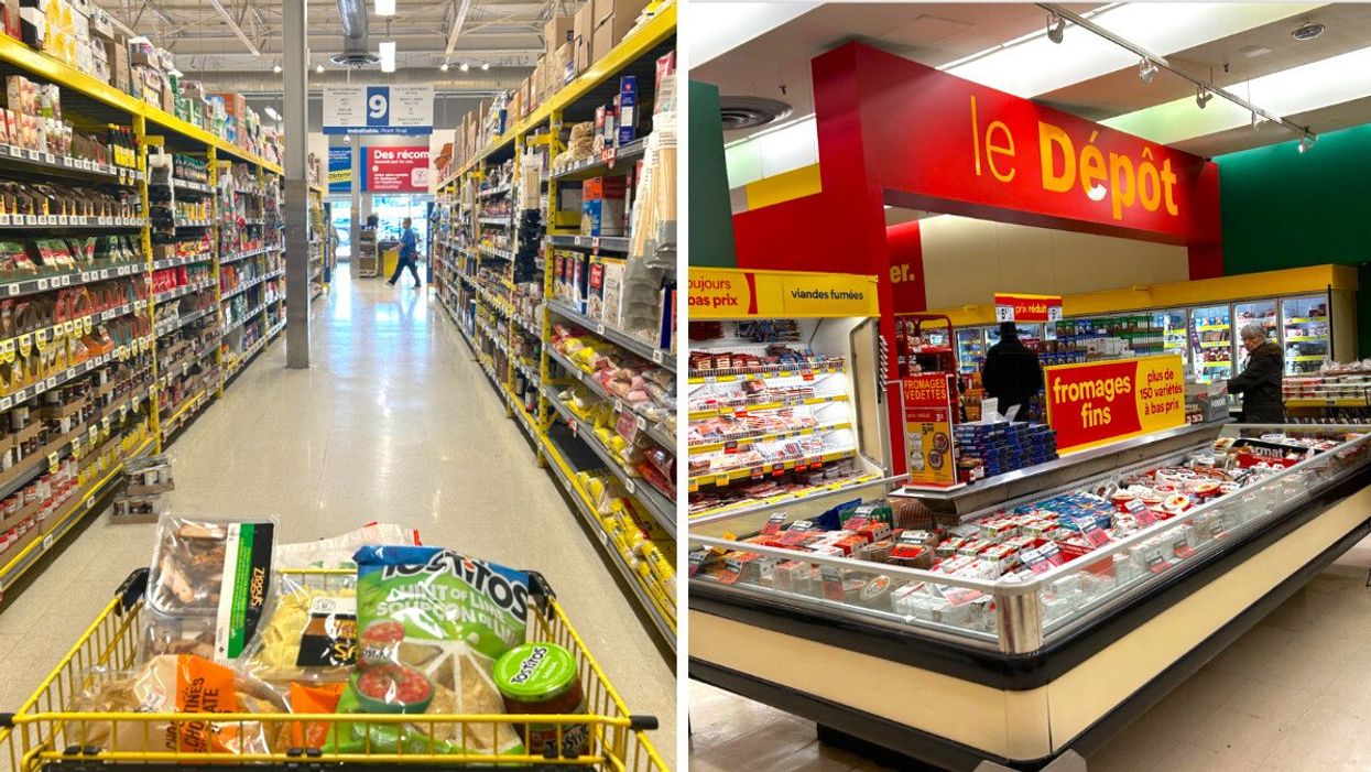 Panier d'épicerie jaune rempli d'articles dans une allée du Maxi. Droite : Section des fromages fins au Super C.