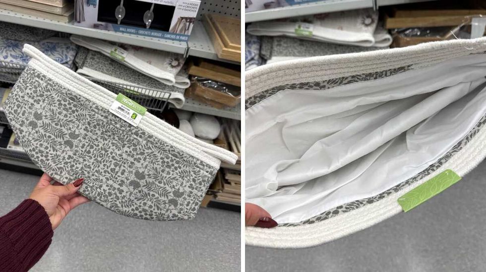 Panier de rangement rectangulaire \u00e0 motifs floraux gris et blancs, avec rebords tress\u00e9s et doublure int\u00e9rieure blanche, vendu 5 $ chez Dollarama.