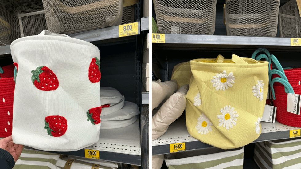 Panier en tissu blanc avec fraises au Tigre G\u00e9ant. Droite : Panier jaune avec marguerites au To