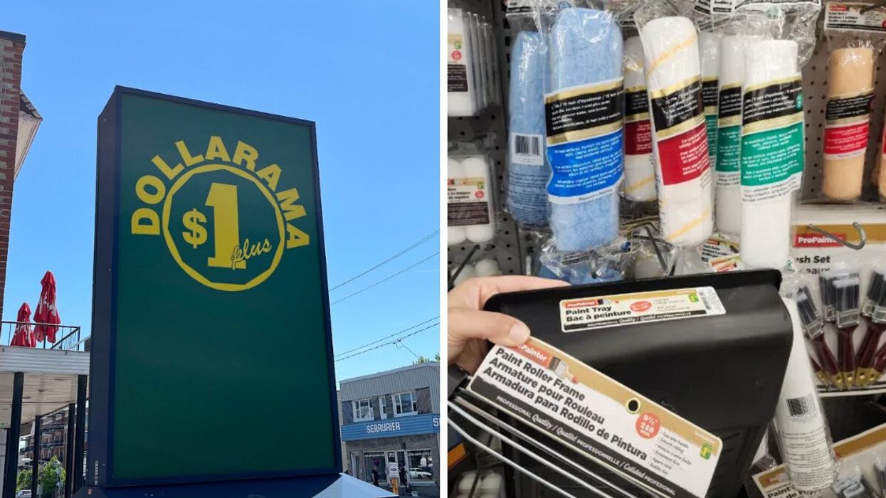 Panneau d'un Dollarama. Droite : Articles pour peindre dans un magasin.