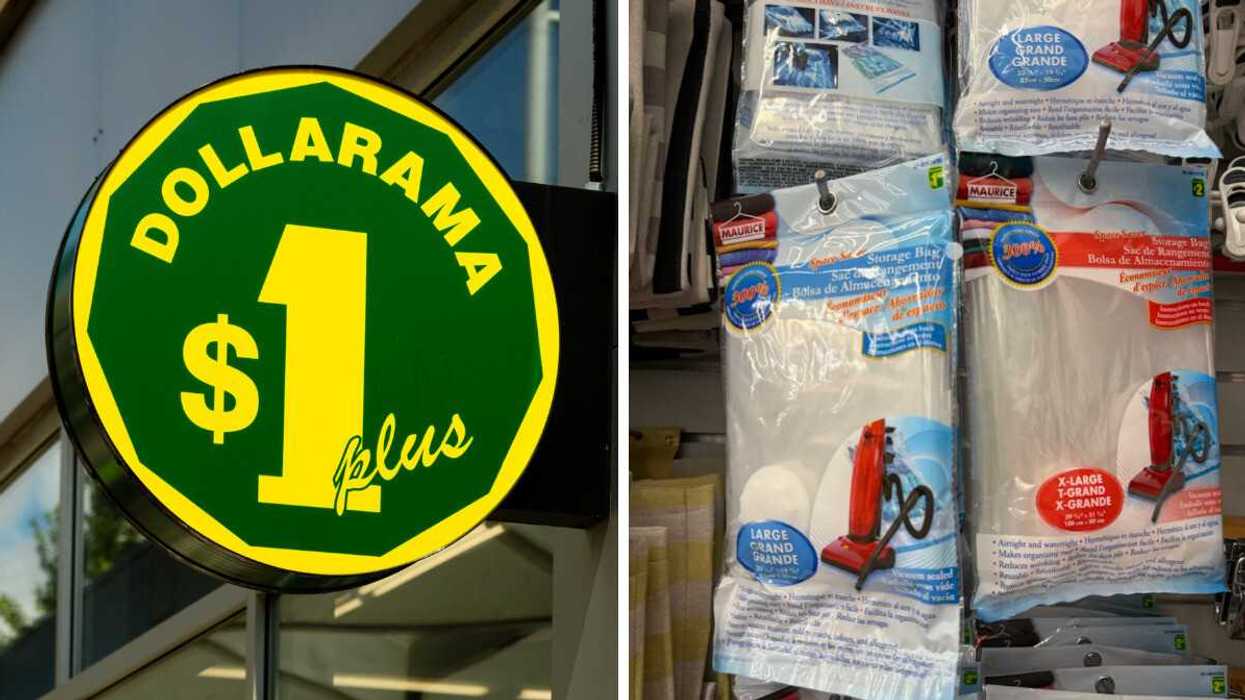 Panneau d'un Dollarama. Droite : Sac de rangement sous vide sur les étagères du Dollarama.