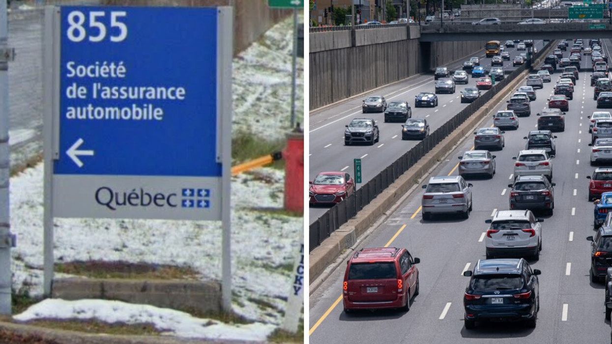 Panneau de la SAAQ. Droite : Automobiles à Montréal.