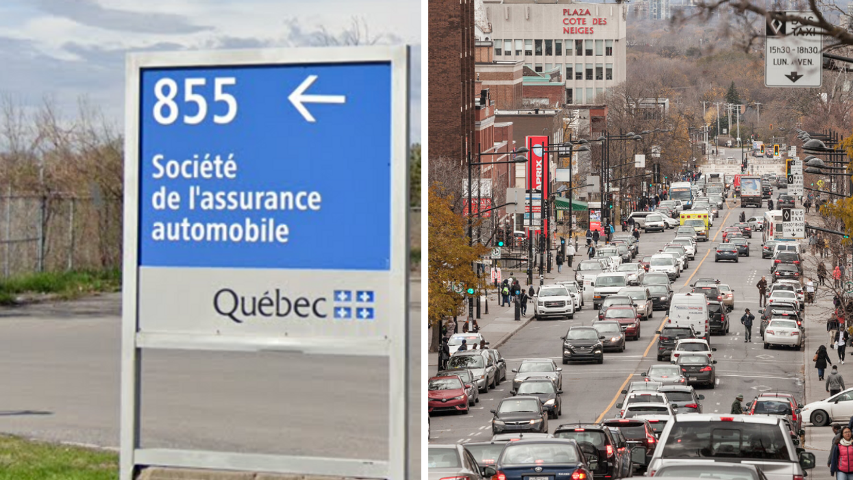 Panneau de la SAAQ. Droite : Voitures prises dans le trafic.