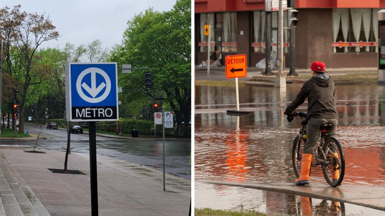 Panneau du métro de Montréal. Droite : Un cycliste à Montréal pendant la pluie.