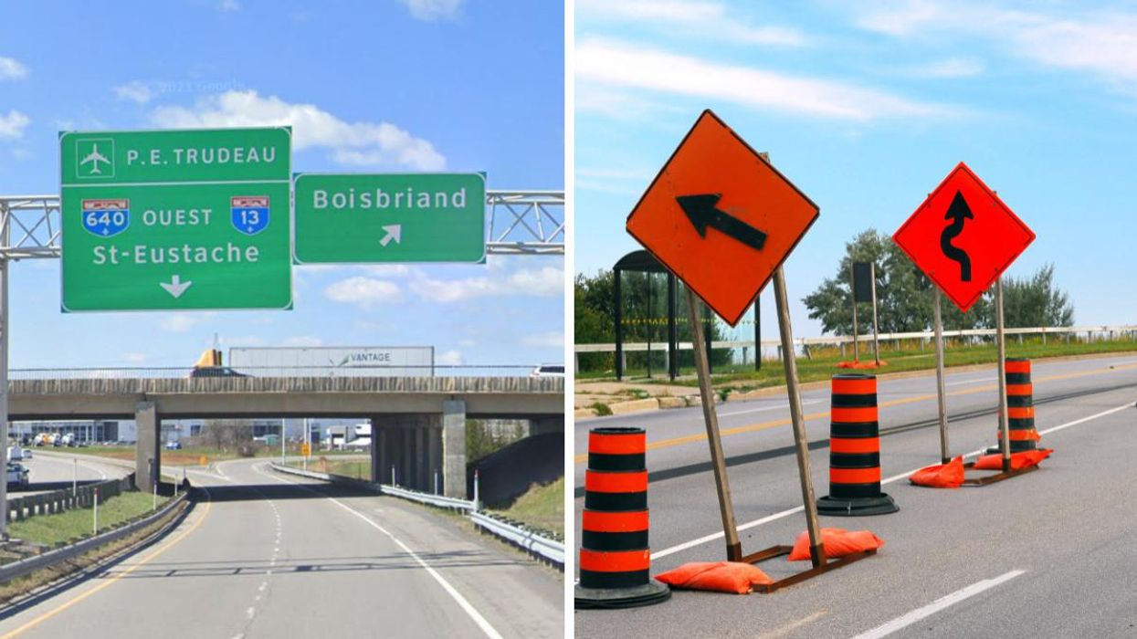 Panneaux de signalisation sur l'autoroute 640 à Boisbriand. Droite : Signalisations de travaux routiers.