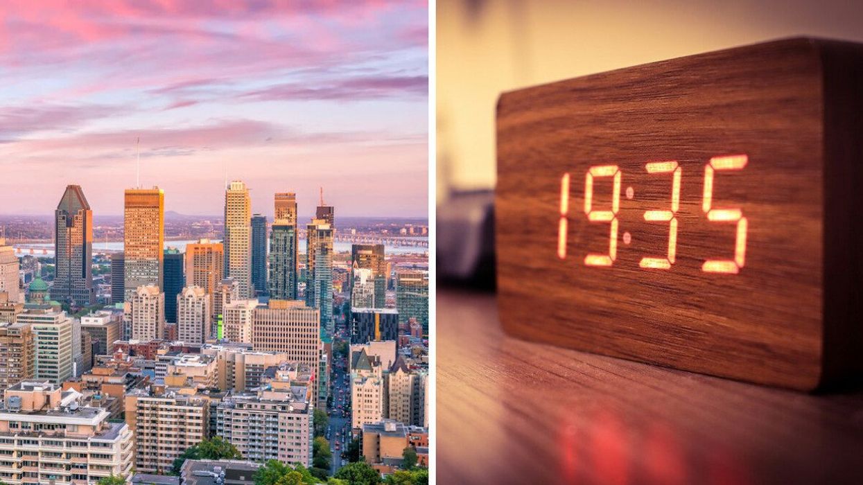Panorama urbain de la ville de Montréal. Droite : Un cadran numérique.