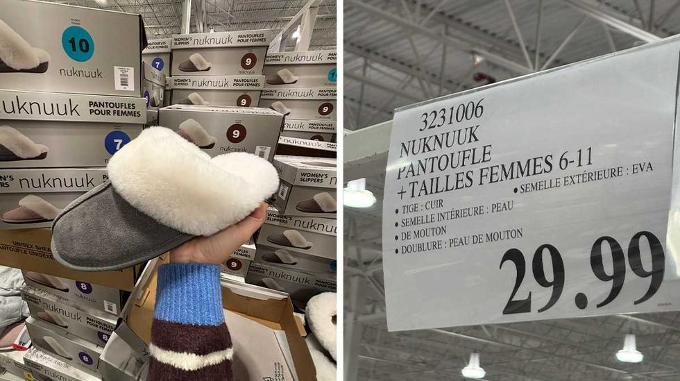 Pantoufles pour femmes Nuknuuk en vente chez Costco. Droite : Affiche de prix des pantoufles Nuknuuk chez Costco.