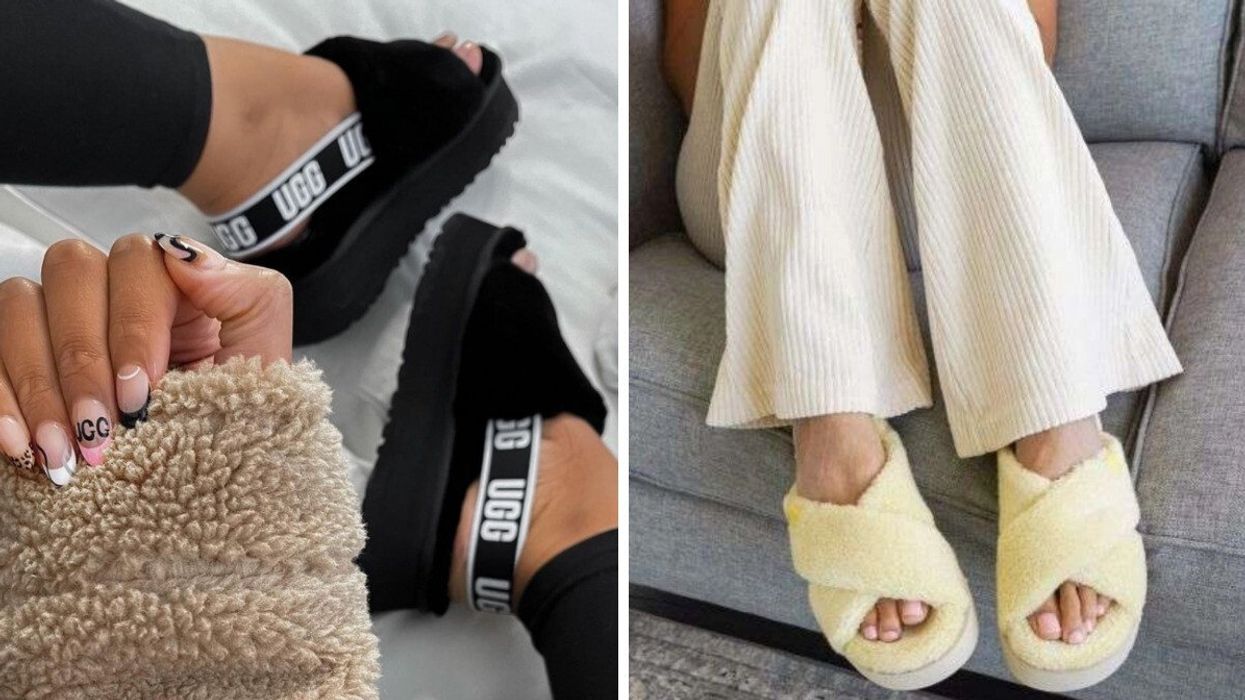 Pantoufles UGG « Fluff Yeah » à 52 % de rabais. . Droite: Pantoufles UGG « Fuzz Sugar » à 50 % de rabais.