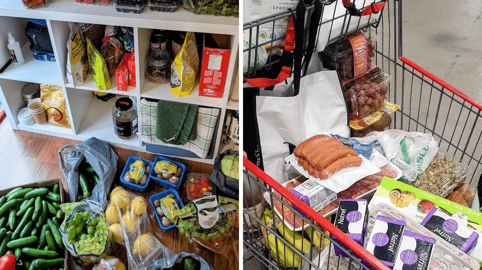 Pantry and fresh vegetables. Right: Shopping cart with groceries and fresh produce.