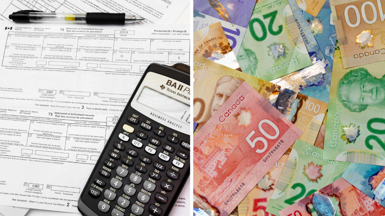 Papiers de déclaration de revenus. Droite : Dollars canadiens.