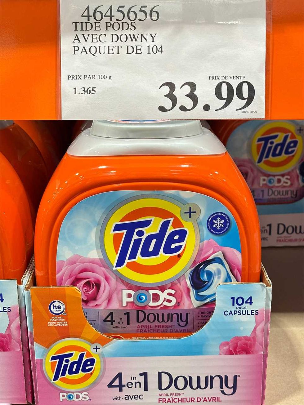 Paquet de 104 capsules de d\u00e9tergent Tide avec Downy.
