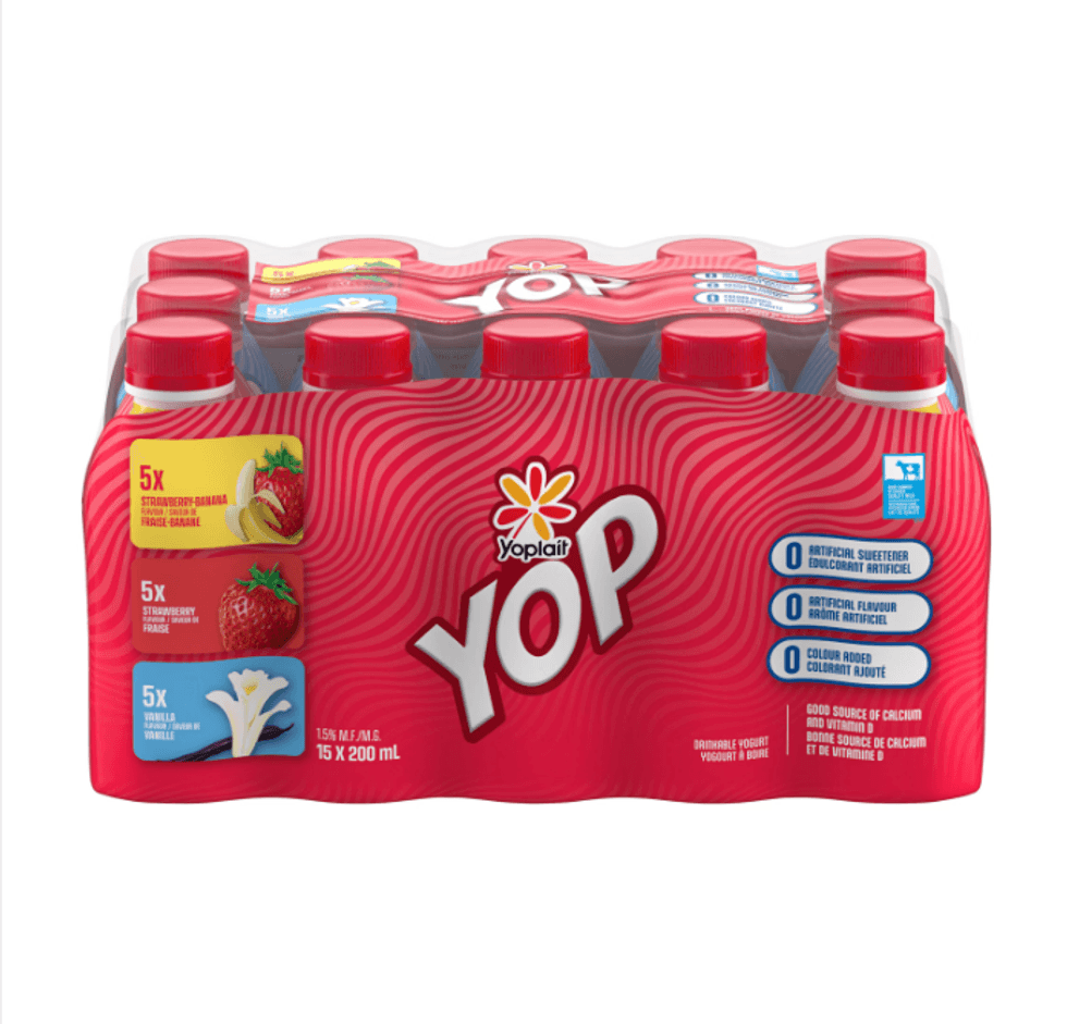 Paquet de 15 bouteilles de yogourt \u00e0 boire YOP de Yoplait.