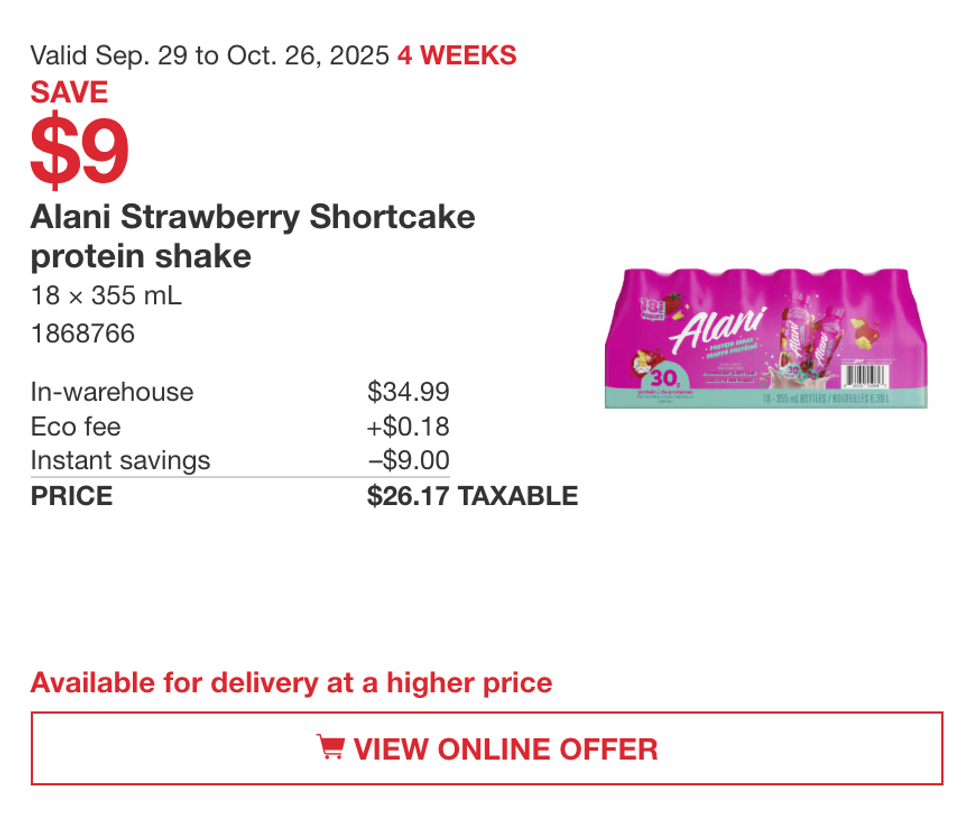 Paquet de 18 bouteilles de frapp\u00e9s prot\u00e9in\u00e9s Alani saveur g\u00e2teau aux fraises en vedette dans la circulaire du Costco.
