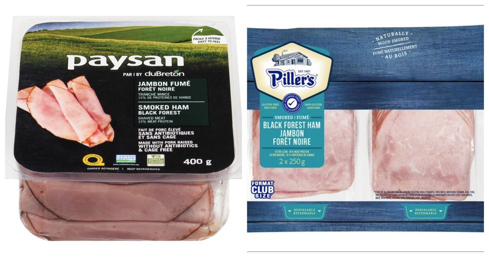 Paquet de jambon for\u00eat noire sur fond blanc. Droite : Paquet double de jambon for\u00eat noire sur fond blanc.