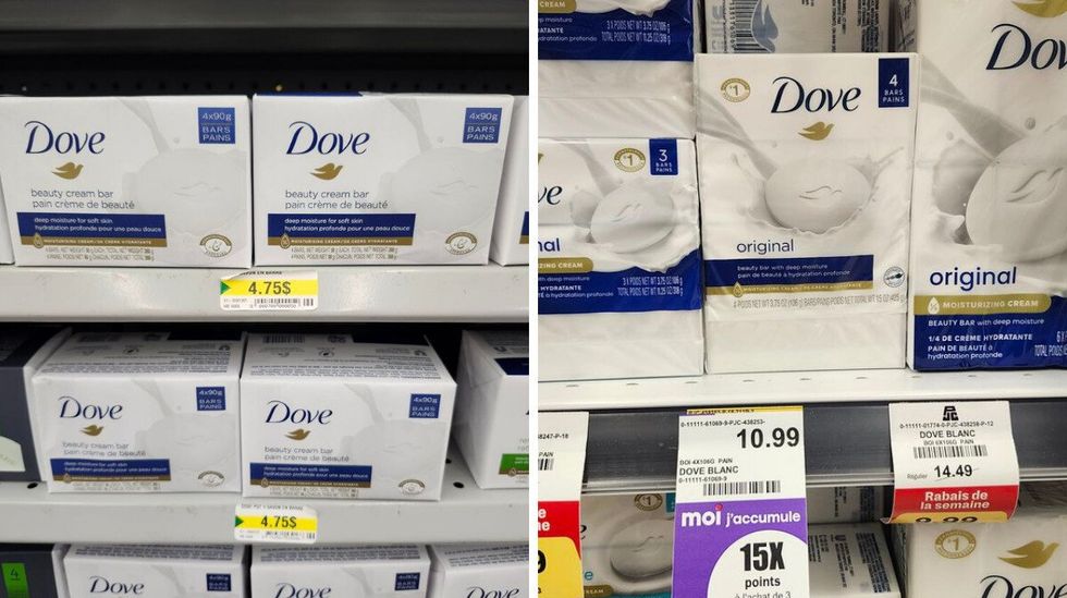 Paquet de quatre pains de beaut\u00e9 hydratant Dove original.