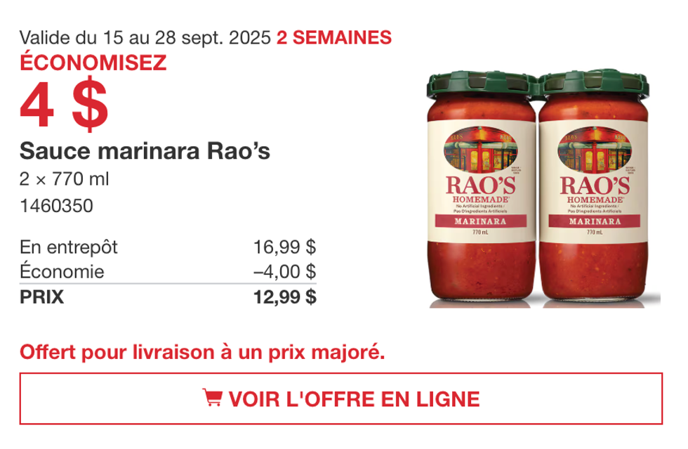 Paquet de sauce marinara Rao\u2019s en vedette dans la circulaire du Costco.