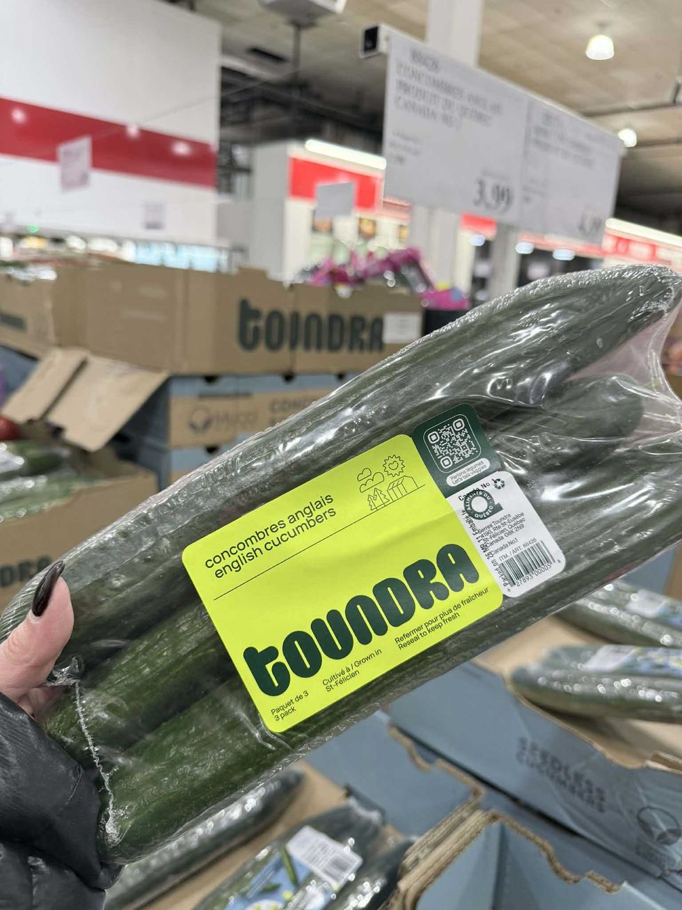 Paquet de trois concombres de l'entreprise Toundra en vente chez Costco pour 3,99 $.