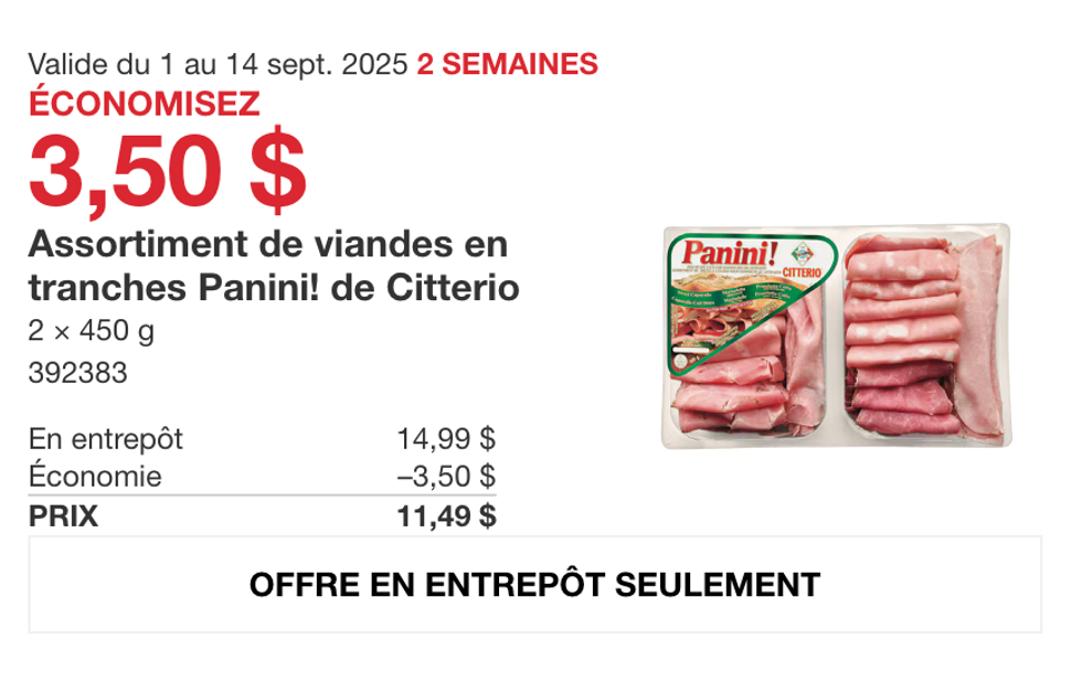 Paquet double de viandes tranch\u00e9es Panini! de Citterio en vedette dans la circulaire du Costco.